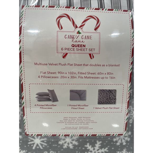 6 Pc SNOWFLAKES Queen Set Winter Holiday Sheets Gray Stripe Plush Sheet Blanket - Picture 4 of 7